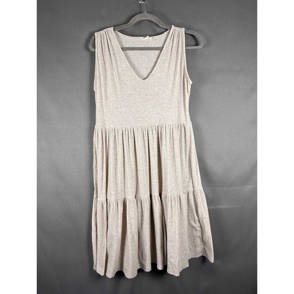 See You Monday Tiered Babydoll Dress Women L Beige Ribbed V-Neck Sleeveless